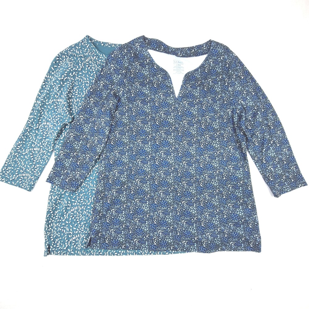 LL Bean T-Shirt Womens Large Blue Teal Floral Abstract 3/4 Sleeve Bundle Lot